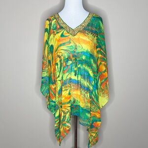 Womens colorful tropical swim coverup cape with sequins size L.